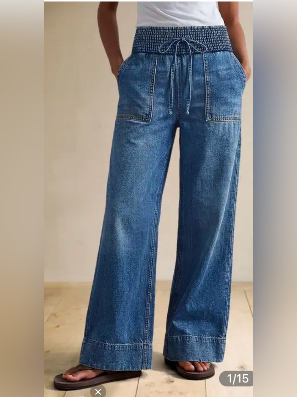 Flamingals Wash Patch Pocket Tie Waist Shirred Waist High Rise Wide Leg Jeans